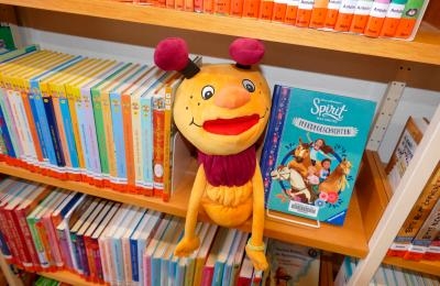 Plüschfigur in Bücherregal